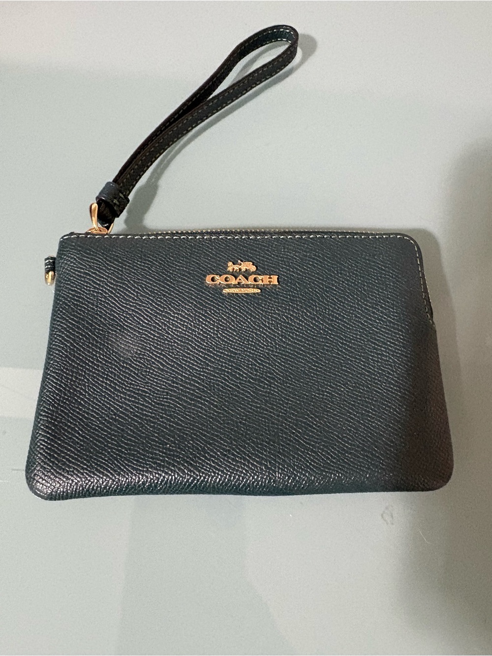 COACH Dark Green Leather Wristlet Pouch